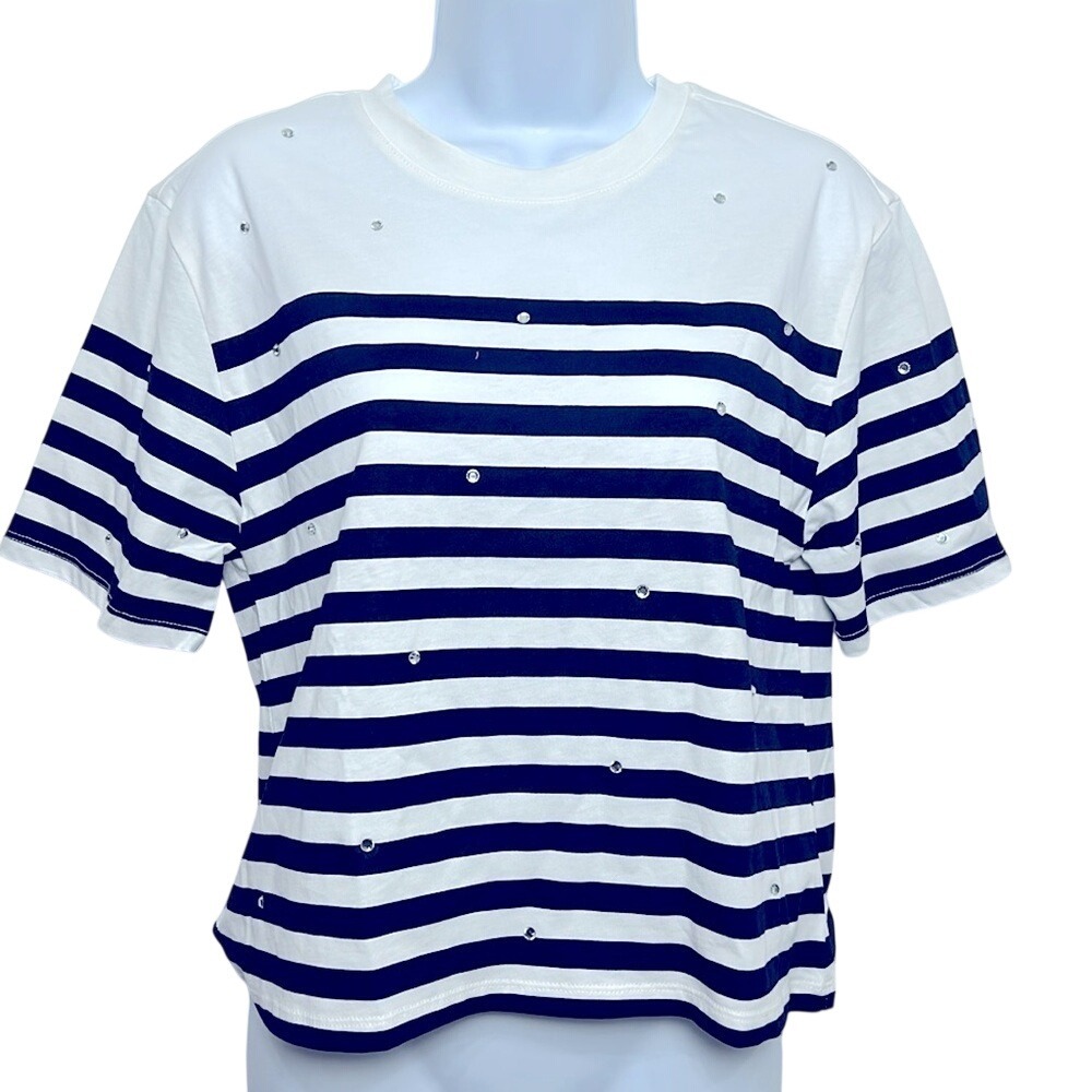 Bailey 44 Womens Striped Rhinestone Embellished Crew Neck T-Shirt White Navy XS